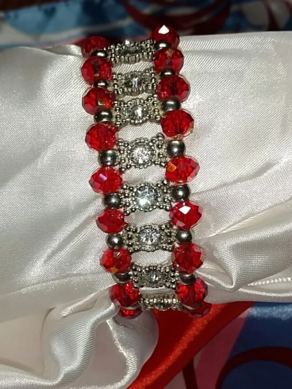 Rhinestone and Red Beaded Stretch Bracelet